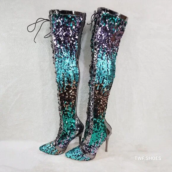 Over the Knee Thigh High Lace Up Stiletto Heel Sequin Boots Pewter - Picture 2 of 11